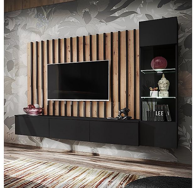 Lomadox Wohnwand VENOSA-164, Anbauwand Schrankwand 220cm, schwarz mit Eiche günstig online kaufen
