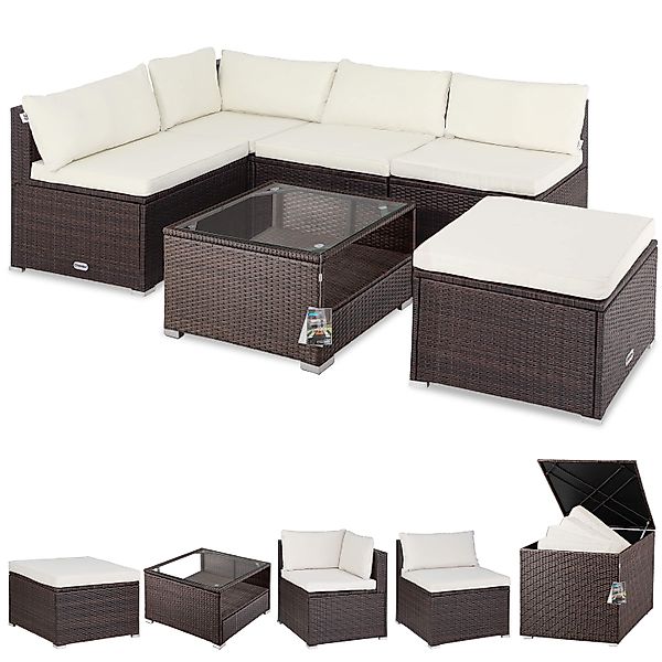 Polyrattan Ecklounge Braun/Creme mit Polyrattan Auflagenbox Braun günstig online kaufen