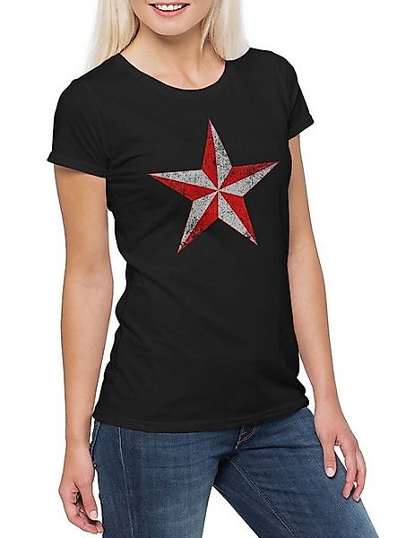 Urban Backwoods Print-Shirt Red & White Vintage Nautical Star Damen T-Shirt günstig online kaufen