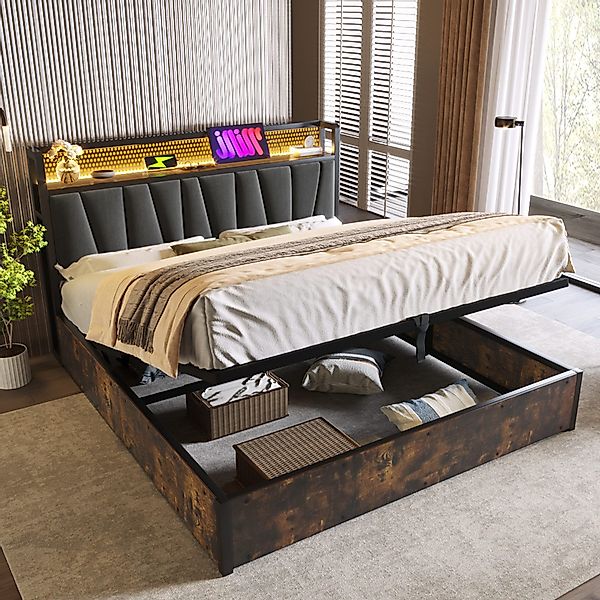 Rutaqian Stauraumbett Polsterbett mit LED, Metallbett, günstig online kaufen