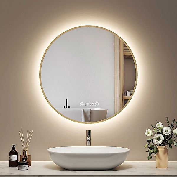 Emke Rund LED Badspiegel 60 cm Spiegel mit Beleuchtung Gebürstetem Goldrahm günstig online kaufen