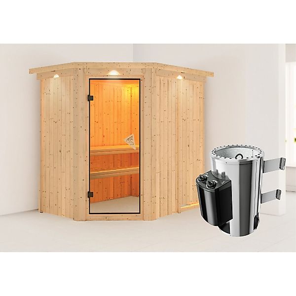 Karibu Sauna Silva mit Ofen intergrierte Stg.LED-Dachkranz Natur günstig online kaufen