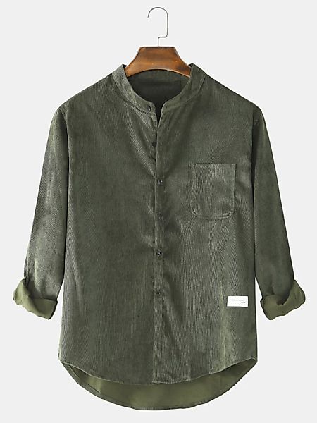 Herren Baumwolle Vintage Einfarbig Casual Fit Stehkragen Langarmhemden mit günstig online kaufen