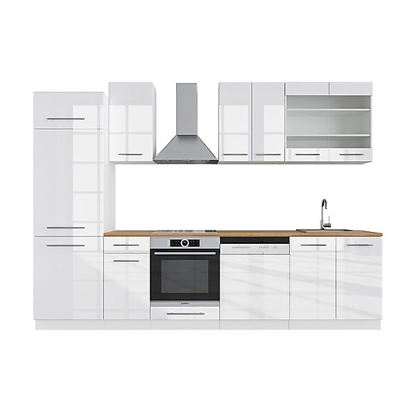 Vicco Fame-Line Küchenzeile Weiß Hochglanz/Weiß 300 cm AP Eiche günstig online kaufen