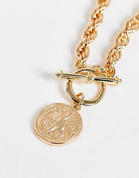 DesignB – Dicke Halskette in Gold-Optik mit Münzanhänger und T-Steg-Detail- günstig online kaufen