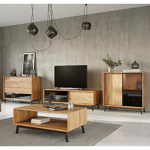Wohnmöbel Set braun MATOLA-163 Massiv aus Eiche 4-teilig mit Couchtisch günstig online kaufen