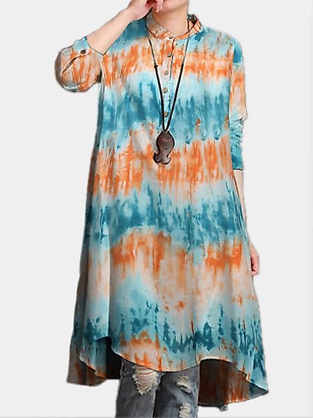 Damen Tie-Dyed Print Langarm-Stehkragen Casual Bluse günstig online kaufen