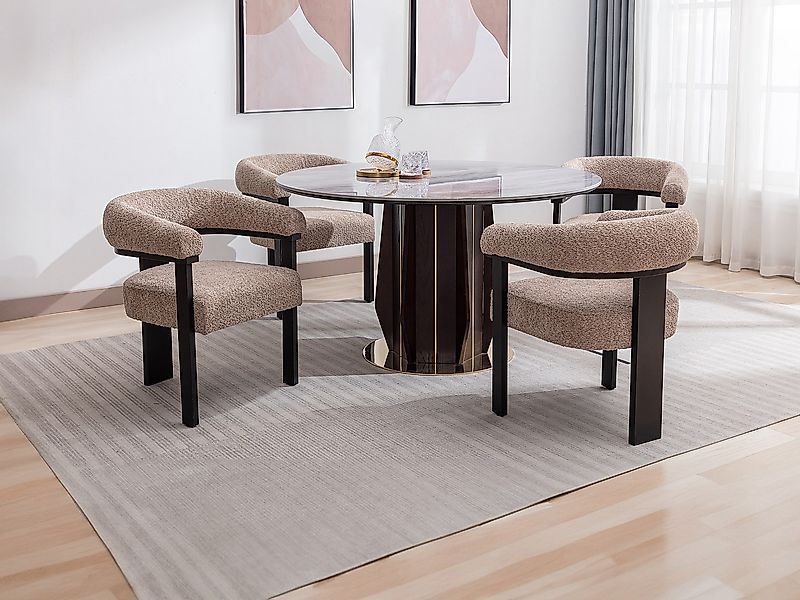 Stuhl mit Armlehnen 2er-Set - Bouclé-Stoff & Kautschukholz - Taupe & Schwar günstig online kaufen