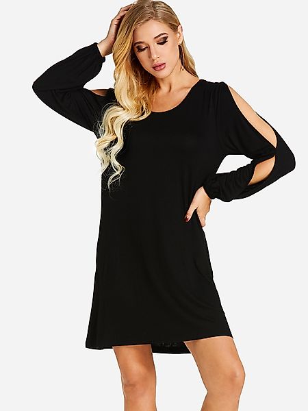 Schwarz ausgeschnittene kalte Schulter mit langen Ärmeln Mini Kleid günstig online kaufen