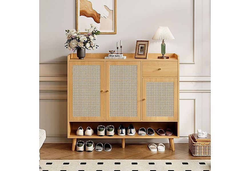 REDOM Schuhschrank aus natürlichem Rattan (Viel Stauraum mit 3 Türen, Schub günstig online kaufen