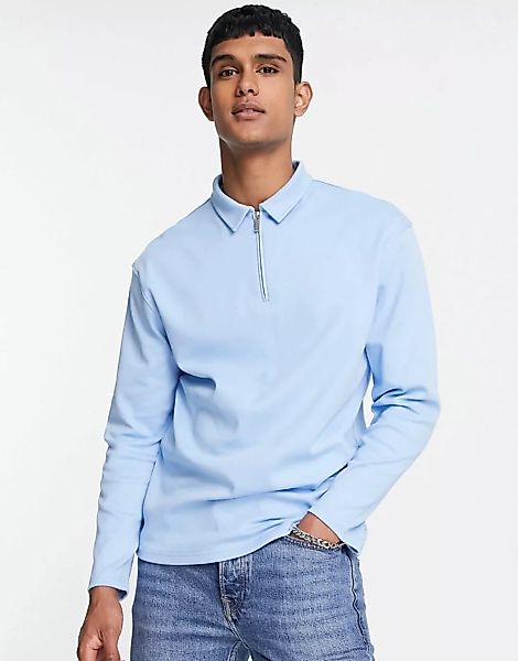 Topman – Langärmliges Polohemd aus Jersey in Blau mit Reißverschluss günstig online kaufen
