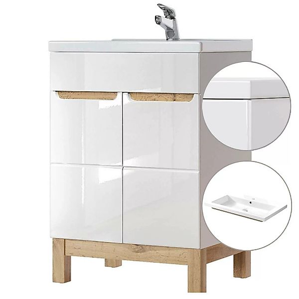 Waschtischunterschrank inkl. 61cm Keramikbecken SOLNA-56 Hochglanz weiß mit günstig online kaufen