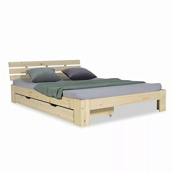 Homestyle4u Holzbett Doppelbett 140x200 cm inkl. Lattenrost + Bettkasten Na günstig online kaufen