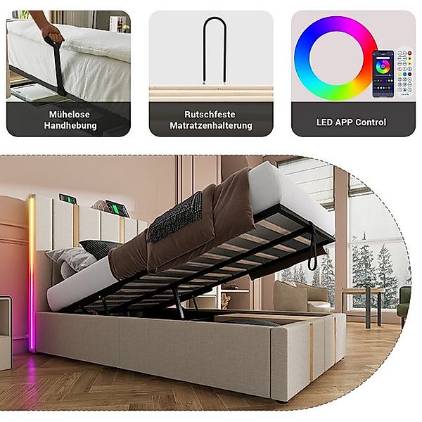 HAUSS SPOLE Polsterbett 90×200 mit Ladefunktion APP-Control LED Beige Leine günstig online kaufen
