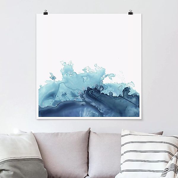 Poster Abstrakt - Quadrat Welle Aquarell Blau I günstig online kaufen