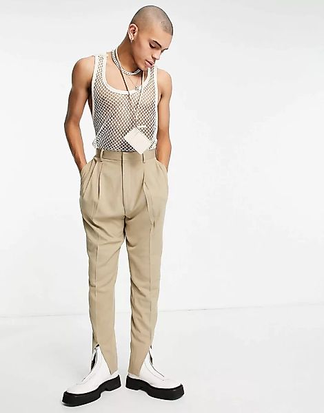 ASOS DESIGN – Schmal geschnittene, elegante Hose in Stein mit hohem Bund un günstig online kaufen