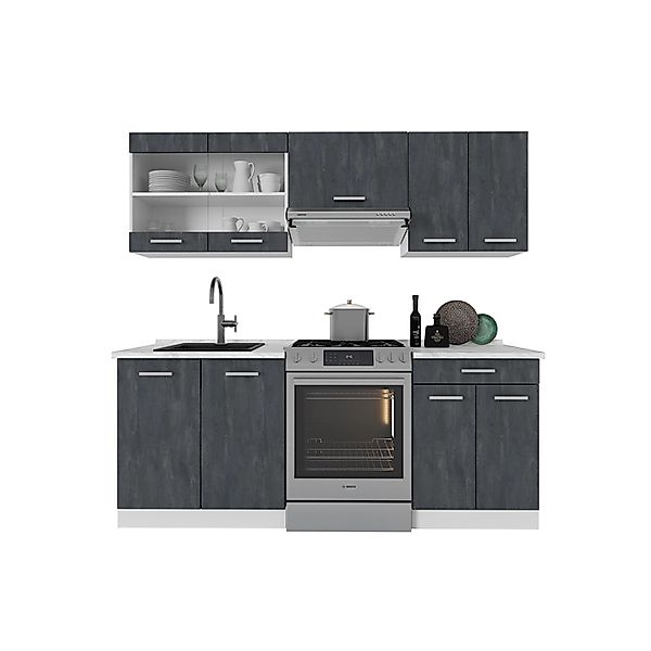 Vicco R-Line Komplettküche Schwarz Beton/Weiß 200 cm ohne Arbeitsplatte ohn günstig online kaufen