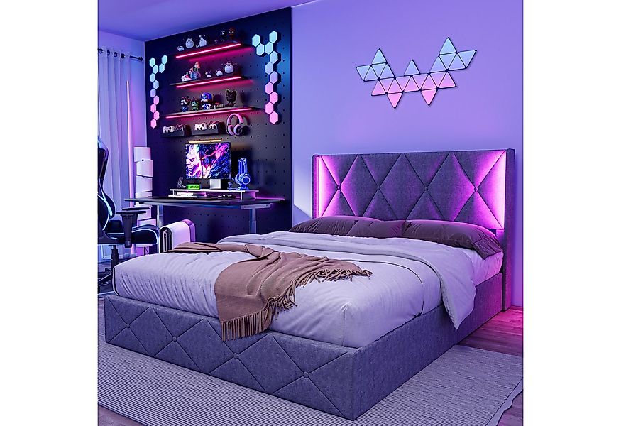 PXloue Stauraumbett Polsterbett LED Doppelbett 140x200 cm, Bettkasten, Latt günstig online kaufen