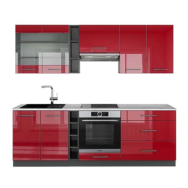 Vicco Fame-Line Küchenzeile Bordeaux Hochglanz/Anthrazit 235 cm AP Marmor günstig online kaufen
