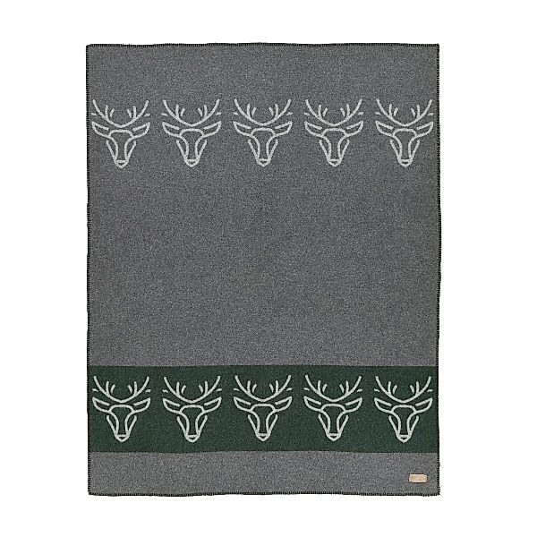 Eskimo Wohndecke Zernez grün/grau Hirschkopf Merinowolle 140x180 günstig online kaufen