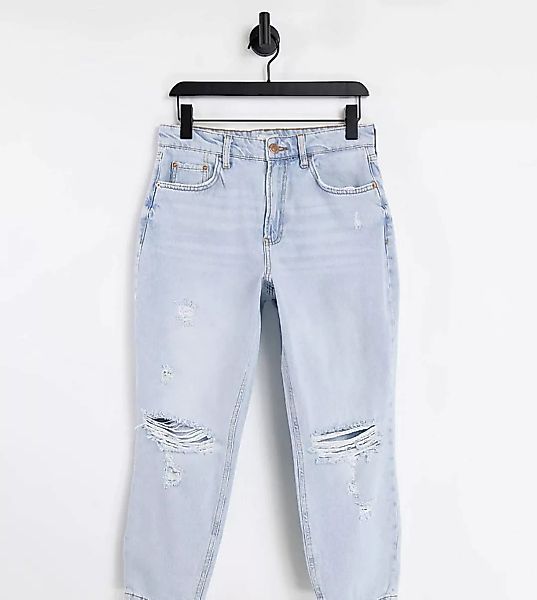 River Island Petite – Mom-Jeans mit Knierissen in Hellblau günstig online kaufen