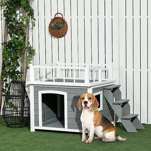 PawHut Hundehütte Hundehaus mit Balkon, Hellgrau günstig online kaufen
