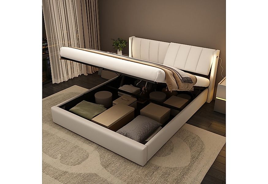 Flieks Polsterbett, LED Stauraumbett Doppelbett mit USB/ Verstellbarem Kopf günstig online kaufen
