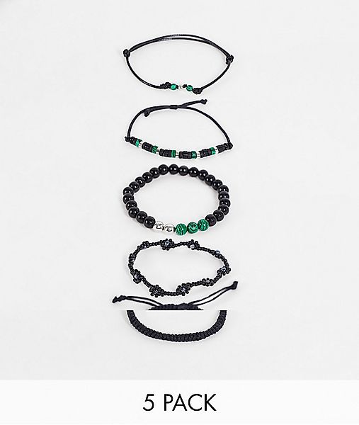 ASOS DESIGN – Armband-Set im Perlen- und Kordeldesign in Grün mit Halbedels günstig online kaufen