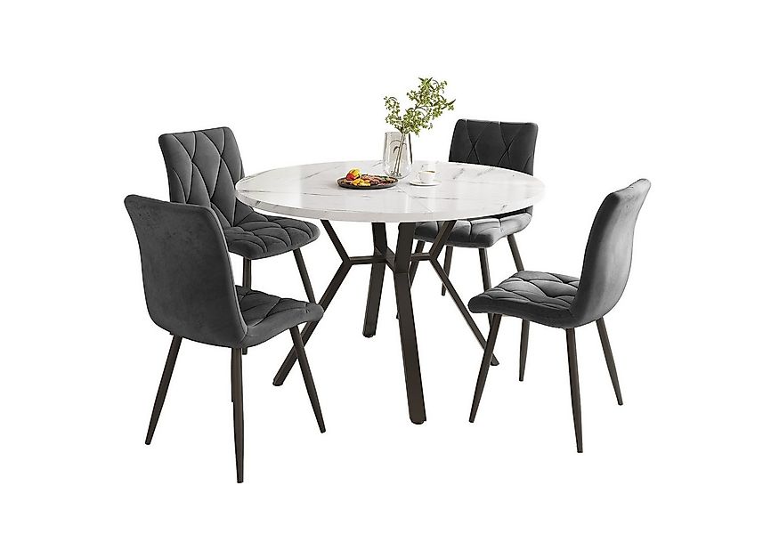 i@home Essgruppe rundes Esstisch aus Marmor mit 4 Samtstühle, grau/schwarz/ günstig online kaufen