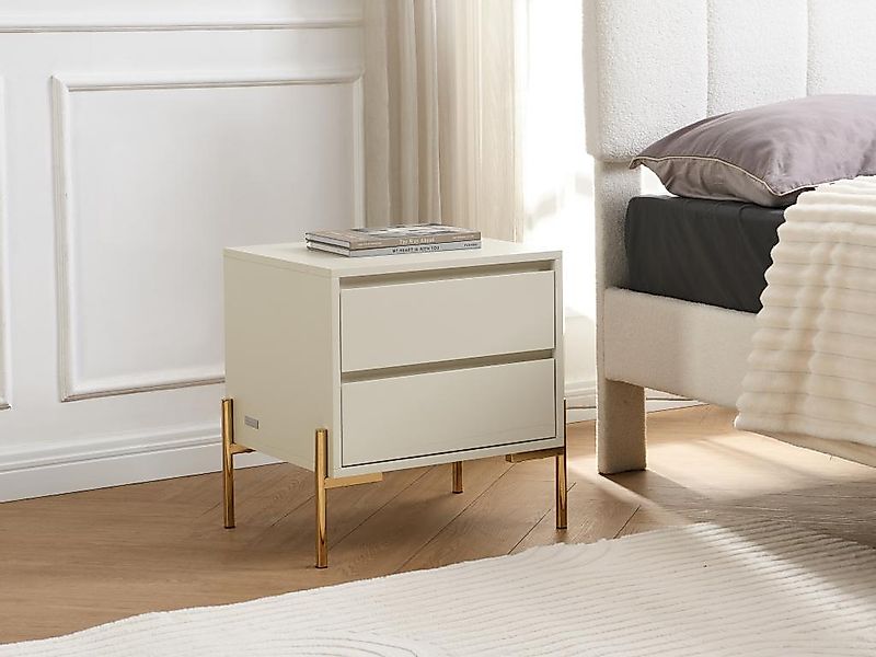 2er-Set Nachttische mit 2 Schubladen - MDF & Metall - Beige & Goldfarben - günstig online kaufen