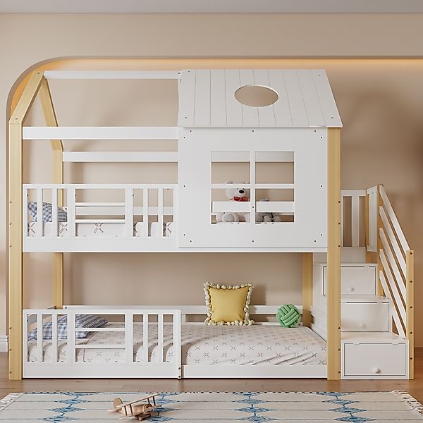 Flieks Etagenbett, Massivholz Hausbett Kinderbett 90x200cm günstig online kaufen