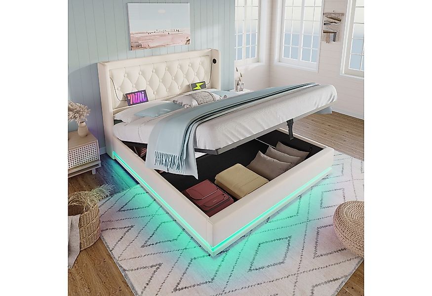 Flieks Polsterbett, LED Hydraulisches Stauraumbett Doppelbett 160x200cm mit günstig online kaufen