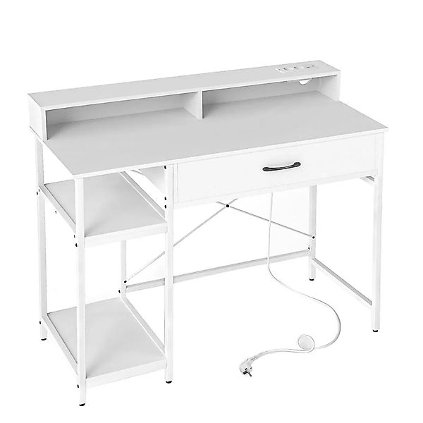 Costway Schreibtisch mit Steckdosen & Schublade & Abnehmbarem Regal Weiß günstig online kaufen