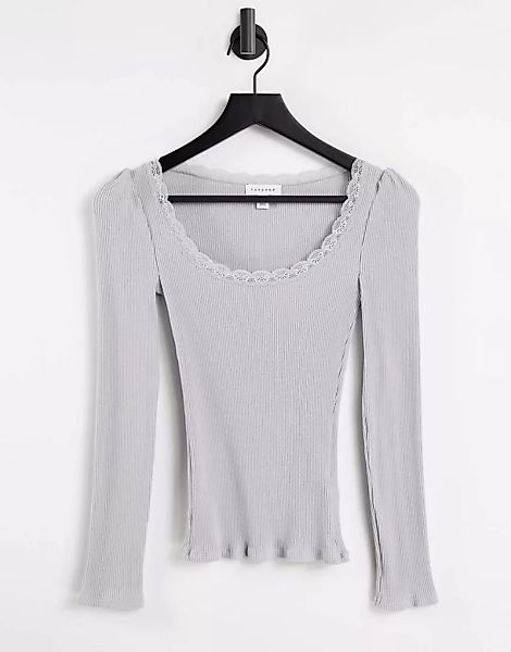 Topshop – Langärmliges Shirt mit Spitzenbesatz in Grau günstig online kaufen