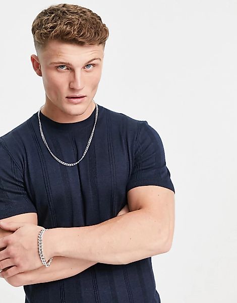 New Look – Gestricktes Muskel-T-Shirt in Marine-Marineblau günstig online kaufen