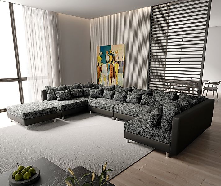 Wohnlandschaft Clovis XL Schwarz Modulsofa mit Hocker günstig online kaufen