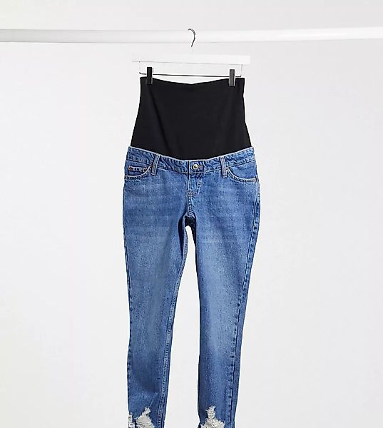 Topshop Maternity – Mom-Jeans mit geripptem Saum über dem Babybauch in mitt günstig online kaufen