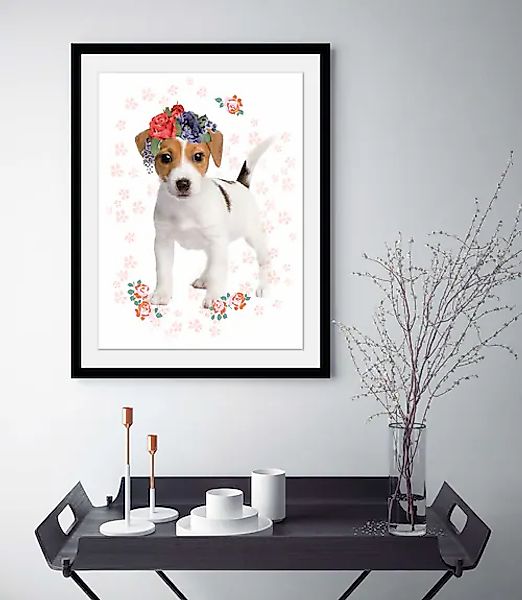 queence Bild »Blumenhund« 1 Stk. tlg. HD Premium Poster-Druck inkl. Holzrah günstig online kaufen