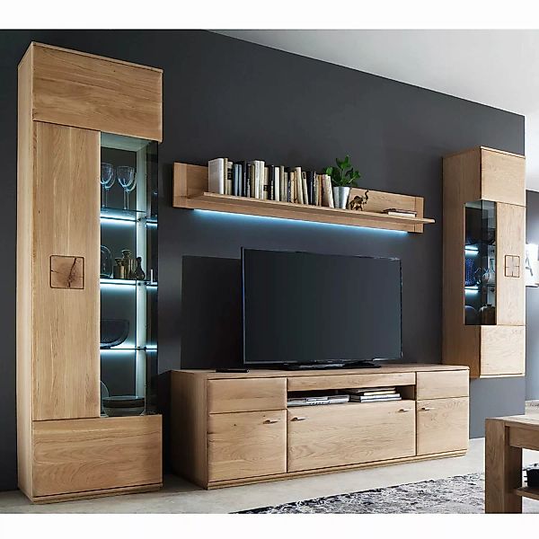 Wohnzimmer Wohnwand BADALONA-05 in Eiche Bianco massiv mit Baumhirn-Intarsi günstig online kaufen