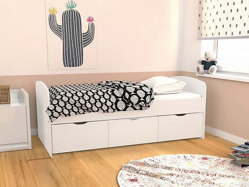 Bett mit 2 Schubladen & 1 Bettkasten + Matratze - 90 x 190 cm - Weiß - LOUA günstig online kaufen