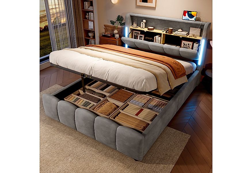 Odikalo Polsterbett 140x200 Stauraumbett mit Bettkasten & LED (Polsterbett, günstig online kaufen