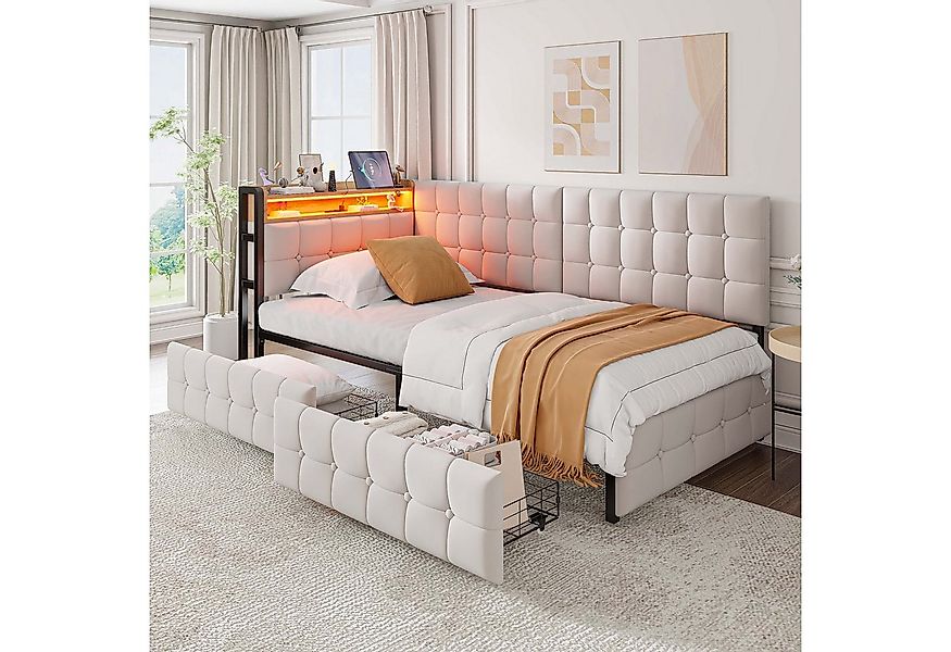OKWISH Schlafsofa Kinderbett Polsterbett, mit LED-Licht & USB, 2 Schubladen günstig online kaufen