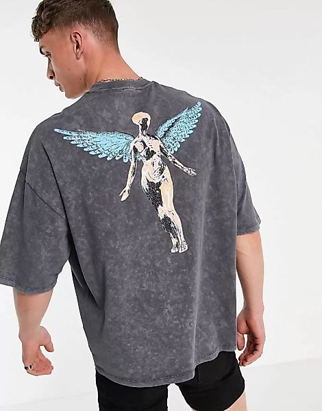 ASOS DESIGN – Oversize-T-Shirt mit Nirvana-Print in Anthrazit-Grau günstig online kaufen