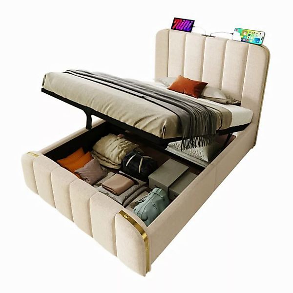 REDOM Polsterbett Doppelbett (Beige Leinen-Material Hydraulisches Lagerbett günstig online kaufen