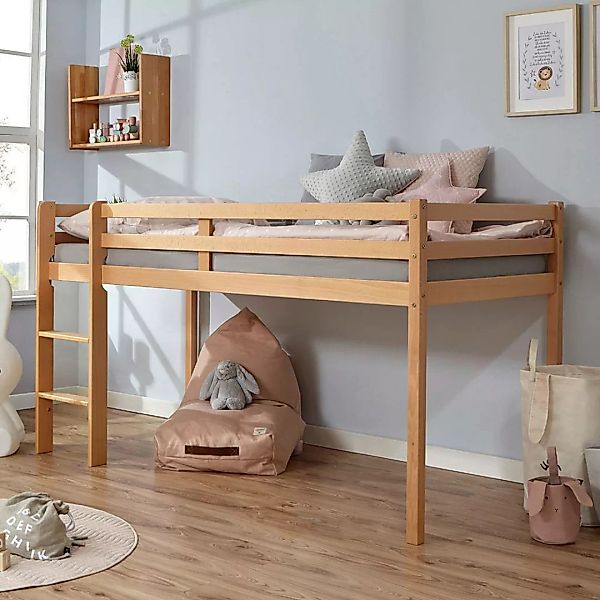 Kinderhochbett aus Buche Massivholz 110 cm hoch günstig online kaufen