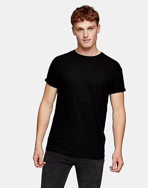 Topman – Genopptes T-Shirt mit Rollärmeln in Schwarz günstig online kaufen