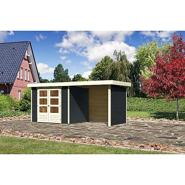 Karibu Gartenhaus Boras 3 Anthrazit 462x217 cm mit Anbaudach und Seiten-Rüc günstig online kaufen
