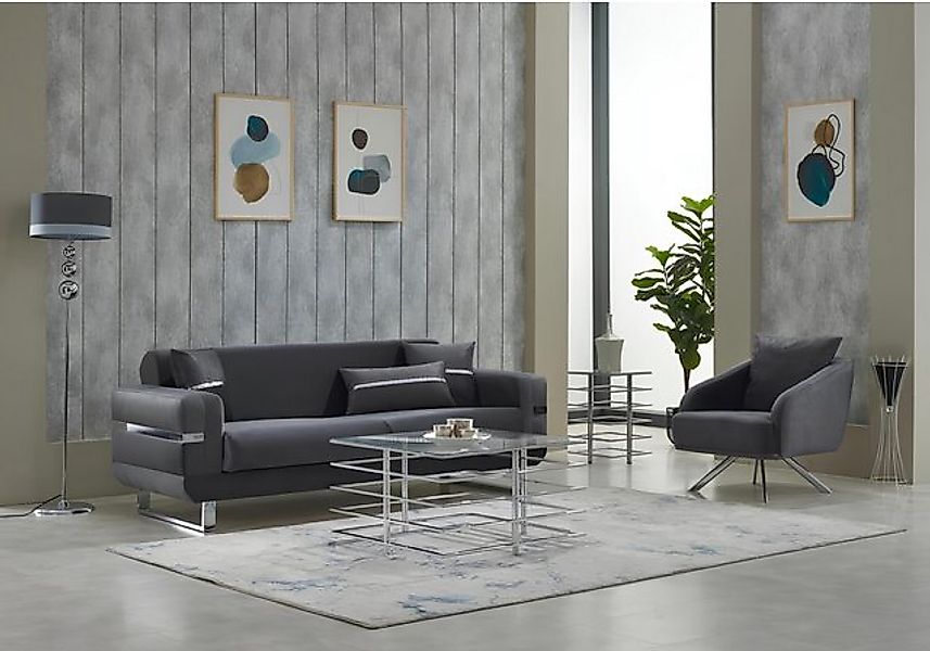 JVmoebel Sofa Garnitur Dreisitzer Sofa Stoffsofa Polstersofa Grau Sessel 2t günstig online kaufen