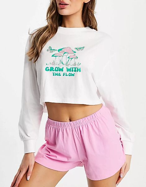 Topshop – Pyjama aus Oberteil und Shorts in Rosa mit „Grow With The Flow“-P günstig online kaufen