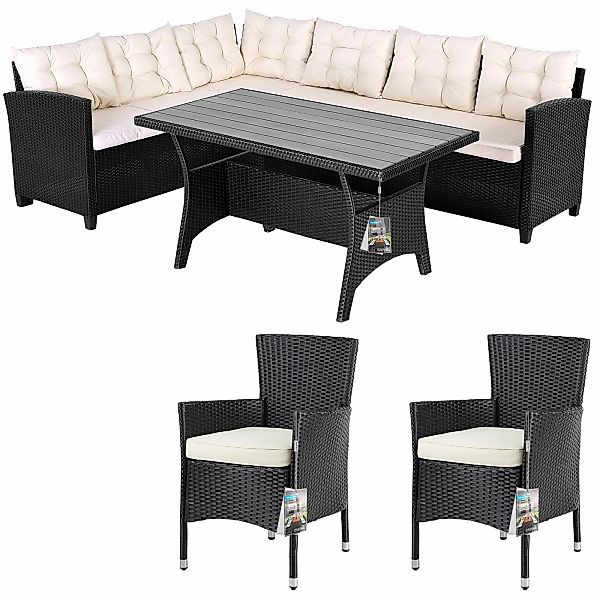 Polyrattan Ecklounge Lissabon Schwarz/Creme inkl 2 Stühlen günstig online kaufen